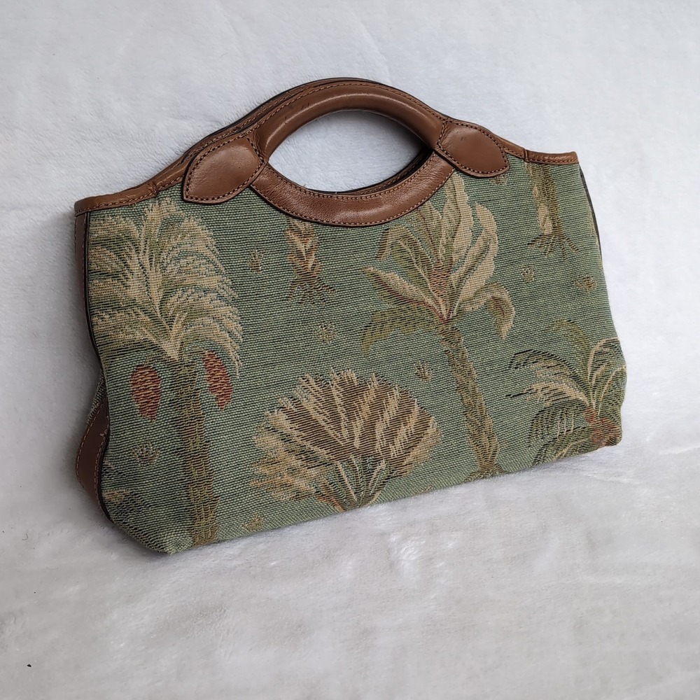 Tommy Bahama Purse Green Leather Trim Tropical Palm Tree Tapestry Bag Clutch